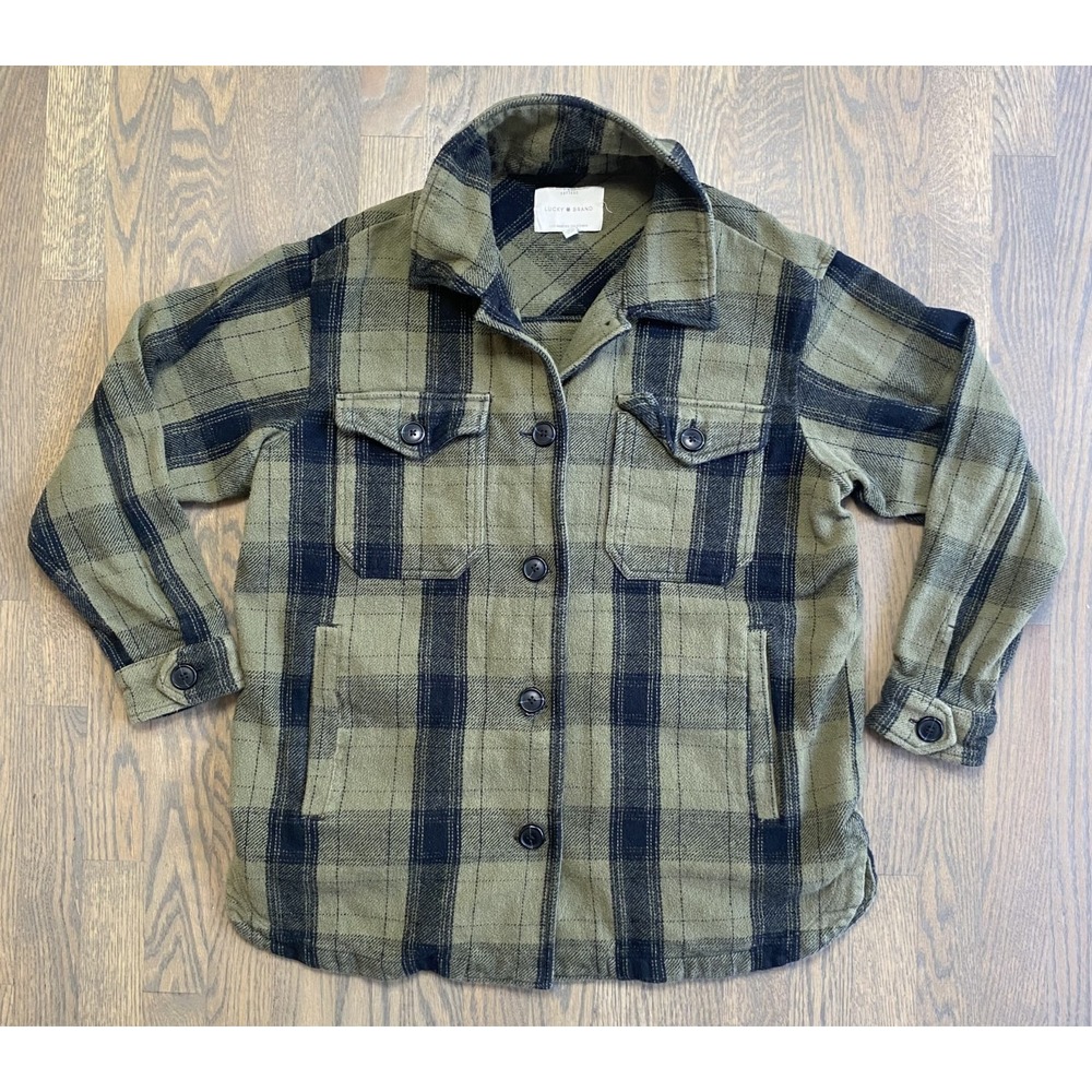Lucky Brand Shirt Jacket Women's Small Oversized Flannel Plaid Green Black